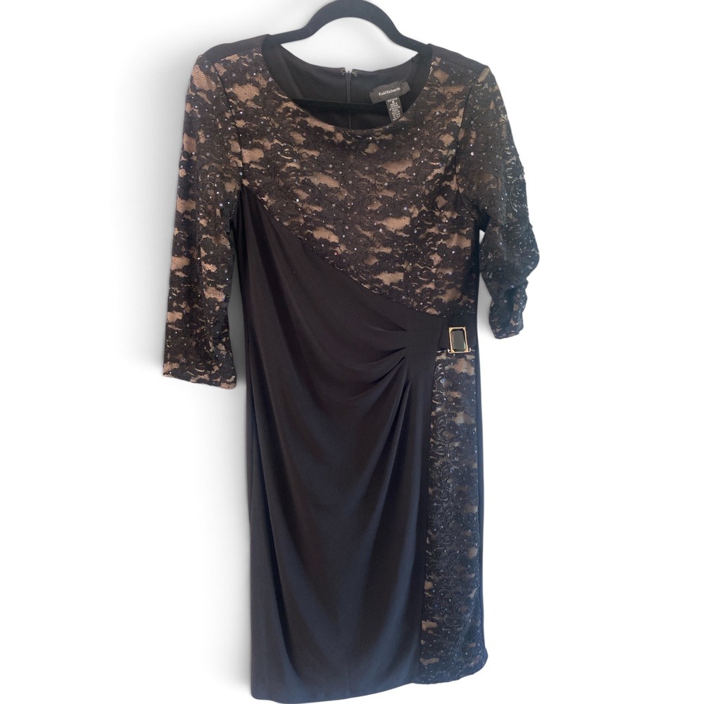 R&M Richards Black Sequin Lace Sheath Dress Side Ruched Buckle Size 8